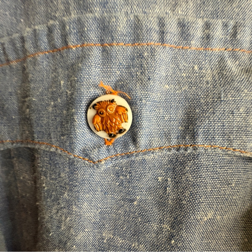 Vintage JC Penney Chambray Denim Owl Shirt Sz 16 Novelty Buttons Ric Rac Trim - Picture 6 of 7